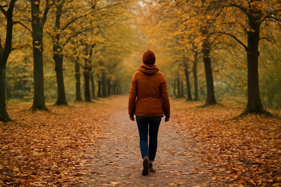 Person walking down a tree-lined path covered in fallen leaves
