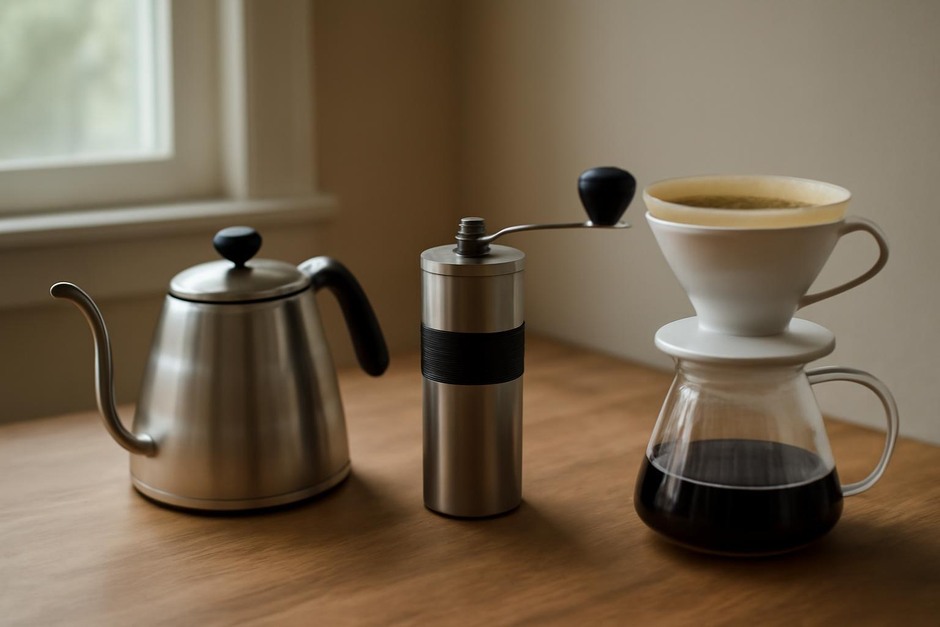 A kettle, grinder, and coffee dripper on a wooden countertop
