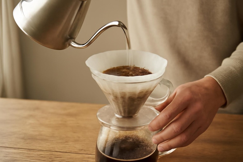 Close-up of hands pouring water over coffee grounds in a paper filter